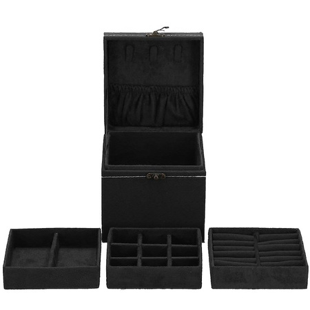 Kuferek, szkatułka na biżuterię 12x12x12 cm czarny z przegródkami welurowy