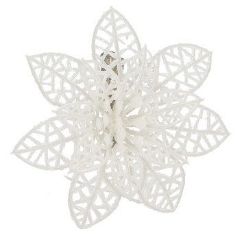 Gwiazda betlejemska, sztuczny kwiat, poinsecja ażurowa, biała z brokatem na klipsie