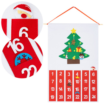 Kalendarz adwentowy na ścianę z 24 okienkami 10 ozdobami na choinkę, dekoracja świąteczna