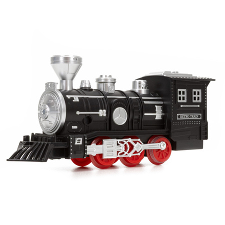 Pociąg parowy z wagonami, pilot do sterowania, tory, zabawka dla dzieci, lokomotywa z mgiełką, dźwiękiem