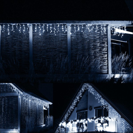 Kurtyna świetlna 750 led girlanda, lampki zewnętrzne sople zimny biały + flash