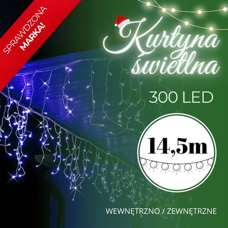 Kurtyna świetlna 300 led girlanda, lampki wewnętrzno-zewnętrzne 14,5 m sople niebieski z zimnym białym flash