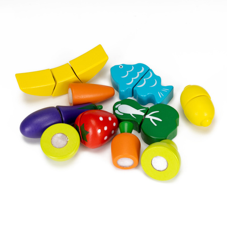 Drewniany zestaw: deska z nożykiem do krojenia, owoce, warzywa na rzepy 13 el. dla dzieci, kolorowe