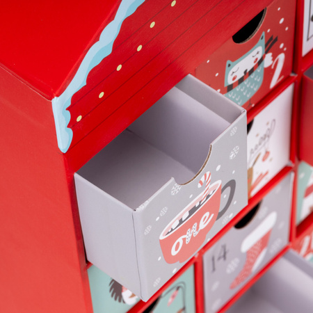 Kalendarz adwentowy, świąteczny 24 szufladki do uzupełnienia, domek, multikolor