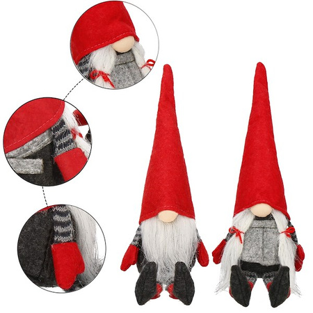 Para skrzatów świątecznych 38cm krasnal, siedzący gnom czerwono-szara