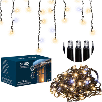Kurtyna świetlna, sople 2,5 m lampki zewnętrzne 50 Led ciepły biały + zimny biały flash