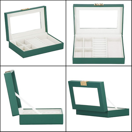 Kufer, szkatułka na biżuterię 23,5x14x5,5 cm zielony organizer z przegródkami ekoskóra