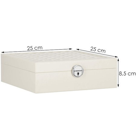 Kuferr, szkatułka na biżuterię ekoskóra 25x25x8,5 cm kremowy z przegródkami