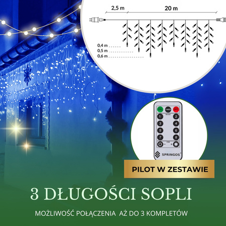 Kurtyna świetlna z pilotem 300 led girlanda, lampki wewnętrzno-zewnętrzne sople niebieski