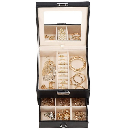 Kufer, szkatułka na biżuterię ekoskóra 16x16x11 cm czarny z szufladą i lusterkiem