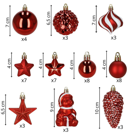 Bombki choinkowe 47 szt. komplet dekoracje świąteczne zawieszki nietłukące, czerwony, złoty, biały