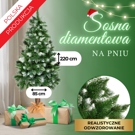 Choinka na pniu 220 cm sztuczna sosna diamentowa ośnieżona jak żywa