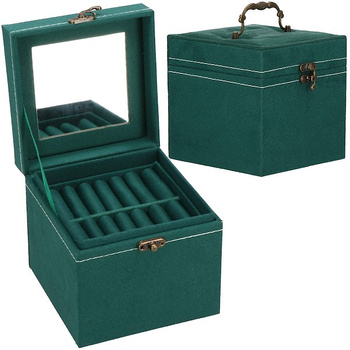 Kufer, szkatułka na biżuterię 12x12x12 cm zielony z przegródkami i lusterkiem welurowy