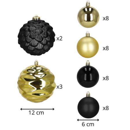 Bombki choinkowe, zestaw 37 szt. dekoracji do stroika, nietłukące złoto-czarne