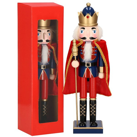 Dziadek do orzechów 38 cm z berłem, drewniany żołnierzyk niebiesko-czerwony, figurka świąteczna