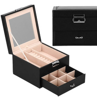 Kufer, szkatułka na biżuterię ekoskóra 16x16x11 cm czarny z szufladą i lusterkiem