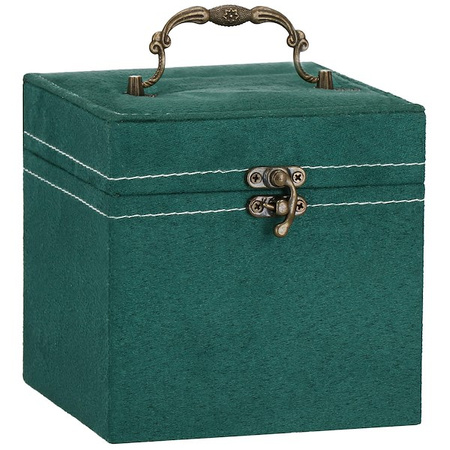 Kuferek, szkatułka na biżuterię 12x12x12 cm zielony welurowy organizer z przegródkami