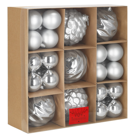 Bombki choinkowe, zestaw 37 szt. dekoracji do stroika, nietłukące srebrne