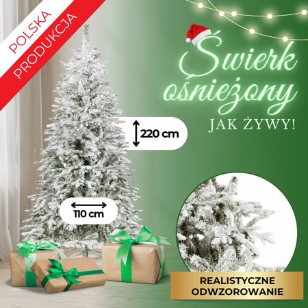 Sztuczna choinka świerk 220 cm ośnieżony jak żywy, nowoczesny, ze stojakiem