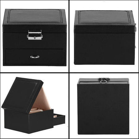 Kufer, szkatułka na biżuterię ekoskóra 16x16x11 cm czarny z szufladą i lusterkiem