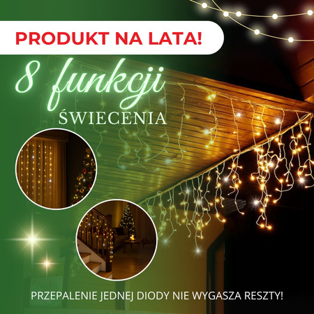 Kurtyna świetlna z pilotem 500 led girlanda, lampki wewnętrzno-zewnętrzne 22,5 m sople ciepły biały