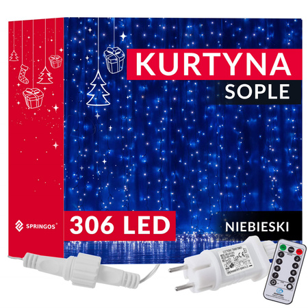 Kurtyna świetlna z pilotem 306 led girlanda, lampki wewnętrzno-zewnętrzne sople niebieski