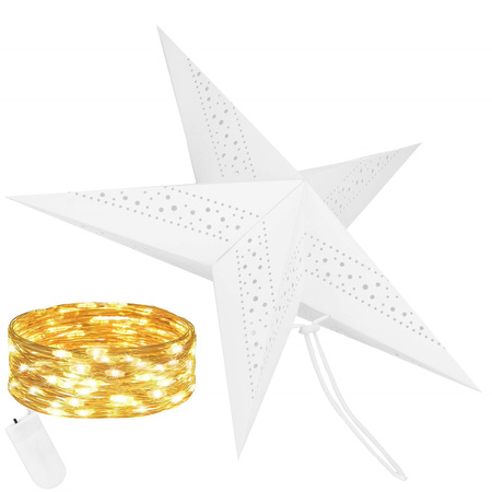 Gwiazda świąteczna papierowa biała i lampki choinkowe led ciepły biały
