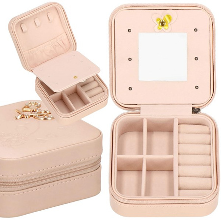 Kufer, szkatułka na biżuterię ekoskóra 10x10x5 cm różowy organizer z przegródkami