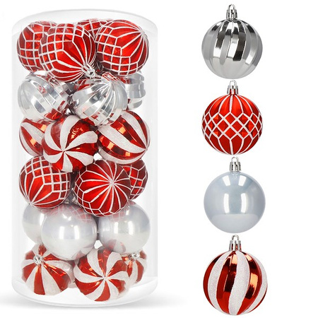 Bombki choinkowe 24 szt. ozdoby świąteczne zestaw czerwone, szare, srebrne