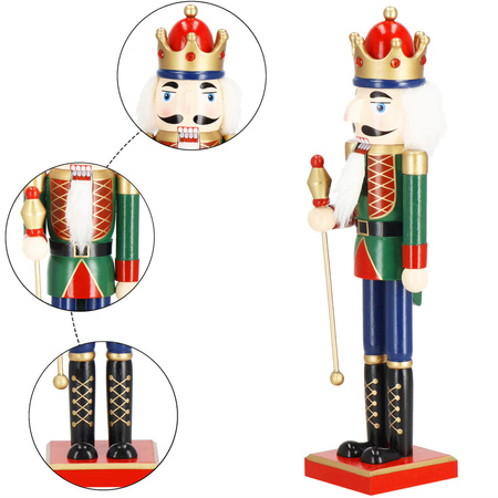 Dziadek do orzechów 38 cm z berłem, drewniany żołnierzyk niebiesko-zielony, figurka świąteczna