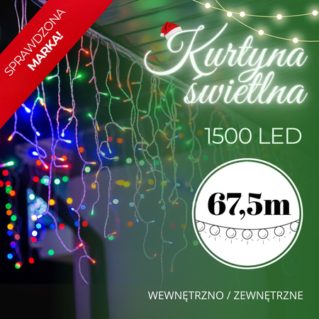 Kurtyna świetlna 1500 led girlanda, lampki wewnętrzno-zewnętrzne 67,5 m sople multikolor