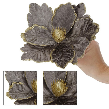 Gwiazda betlejemska, sztuczny kwiat na klipsie poinsecja szaro-złota z brokatem