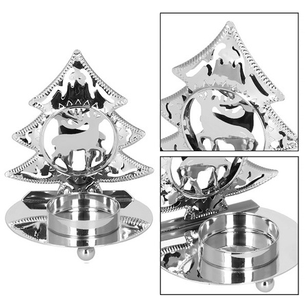 Świecznik świąteczny metalowy choinka z podstawką na świeczkę srebrna