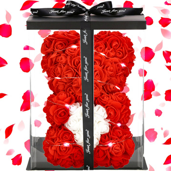 Miś czerwony z białym sercemz róż 25 cm w pudełku miś różany LED zimny biały