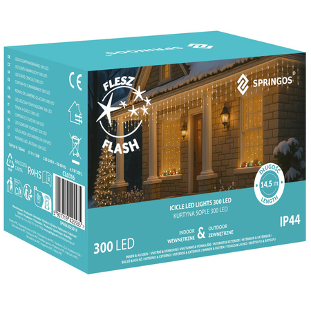 Kurtyna świetlna 14,5 m girlanda, lampki wewnętrzno-zewnętrzne 300 led sople zimny biały z flash