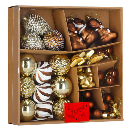 Bombki choinkowe 47 szt. komplet dekoracje świąteczne zawieszki nietłukące, brązowy, złoty, biały