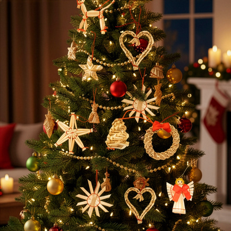 Zawieszki choinkowe ze słomy, naturalne dekoracje świąteczne 27 szt. bombki, brązowe