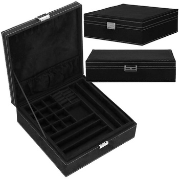 Kuferek, szkatułka na biżuterię 26x26x9 cm czarny, welurowy organizer z przegródkami