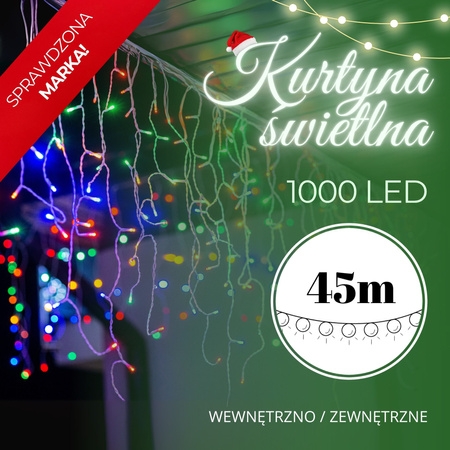 Kurtyna świetlna 1000 led girlanda, lampki wewnętrzno-zewnętrzne 45 m sople multikolor
