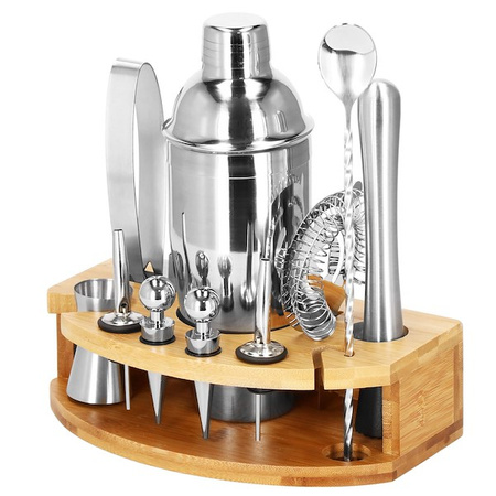 Zestaw barmański 12 elementów z bambusową podstawką do drinków srebrny