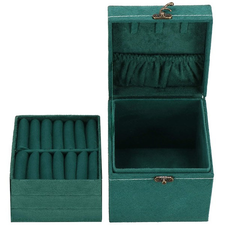 Kuferek, szkatułka na biżuterię 12x12x12 cm zielony welurowy organizer z przegródkami