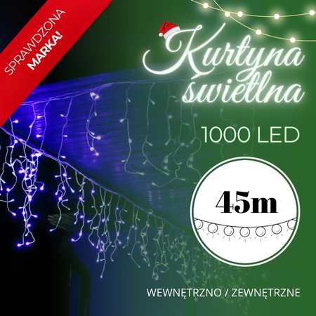 Kurtyna świetlna 1000 led girlanda, lampki wewnętrzno-zewnętrzne sople niebieski