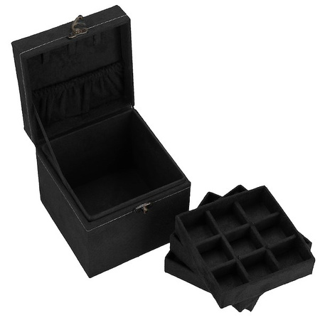Kuferek, szkatułka na biżuterię 12x12x12 cm czarny z przegródkami welurowy