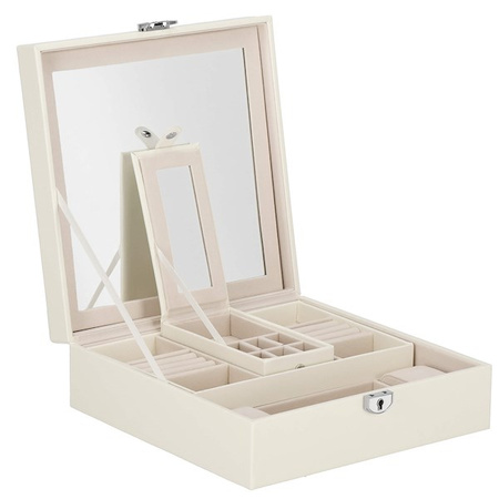 Kuferr, szkatułka na biżuterię ekoskóra 25x25x8,5 cm kremowy z przegródkami