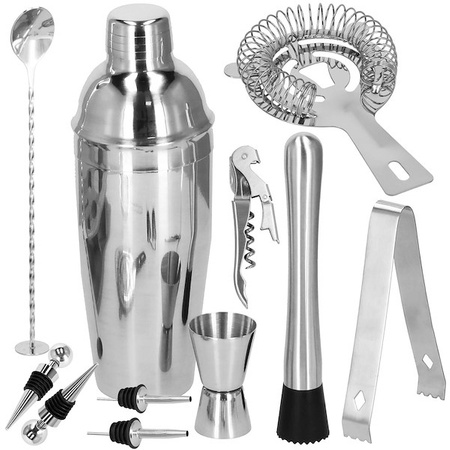 Zestaw barmański 12 elementów z bambusową podstawką do drinków srebrny