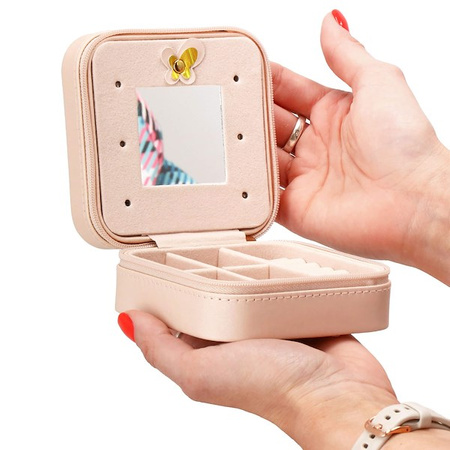 Kufer, szkatułka na biżuterię ekoskóra 10x10x5 cm różowy organizer z przegródkami