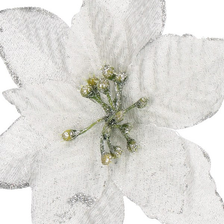 Gwiazda betlejemska, sztuczny kwiat poinsecja srebrna z brokatem, na klipsie