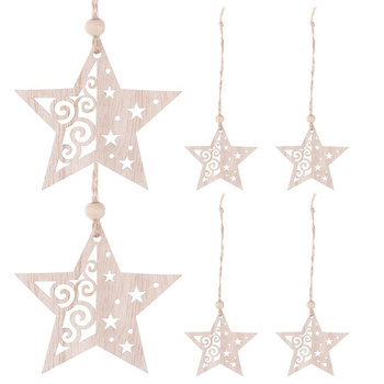 Ozdoba choinkowa 7cm drewniana, świąteczna zawieszka gwiazdy zestaw 6 szt.