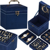 Kufer, szkatułka na biżuterię 12x12x12 cm granatowy z przegródkami welurowy