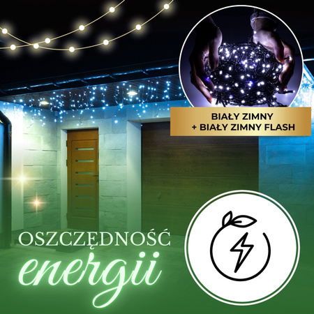 Kurtyna świetlna 500 led girlanda, lampki zewnętrzne sople zimny biały + flash